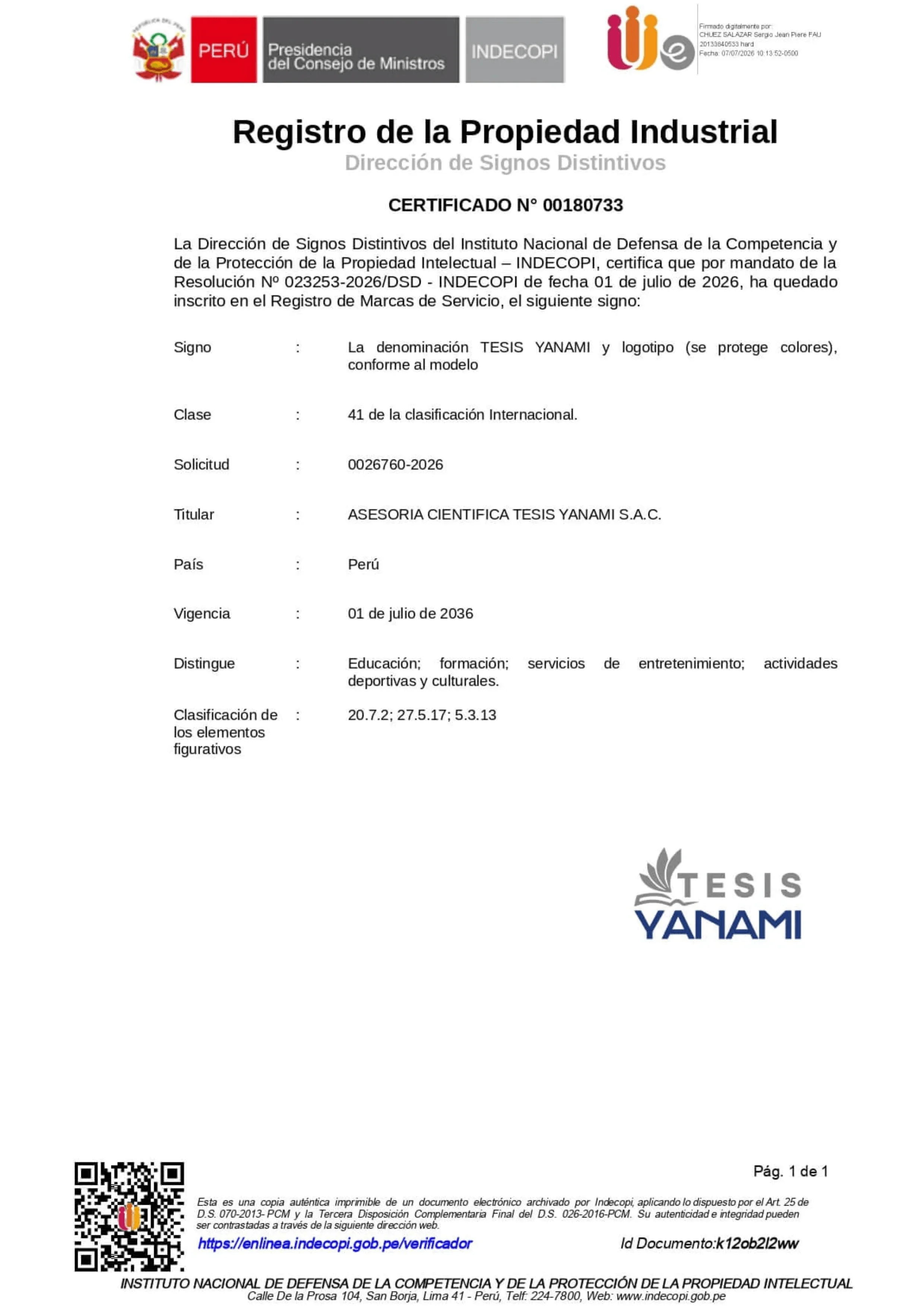 Registro de marca en INDECOPI de Tesis Yanami