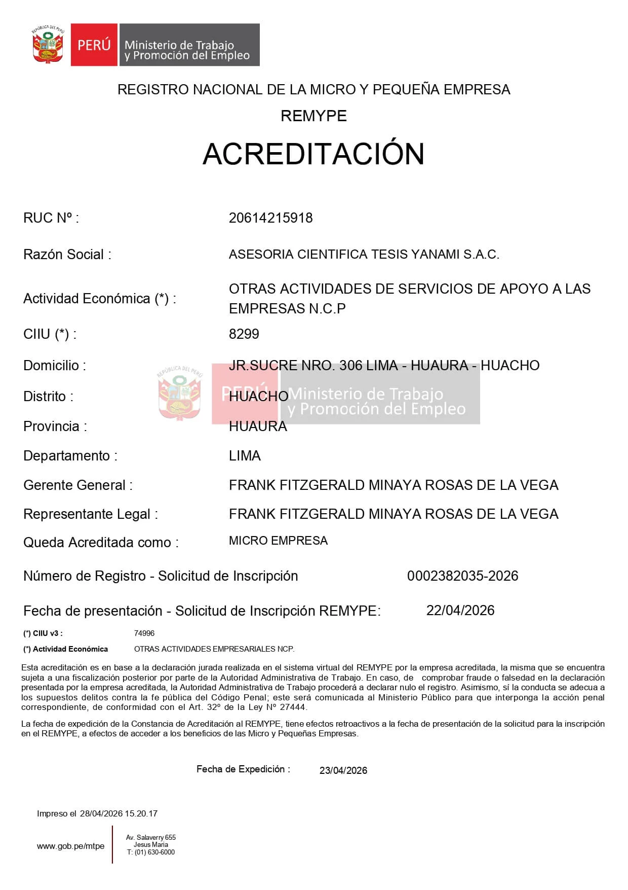 Registro REMYPE de Tesis Yanami